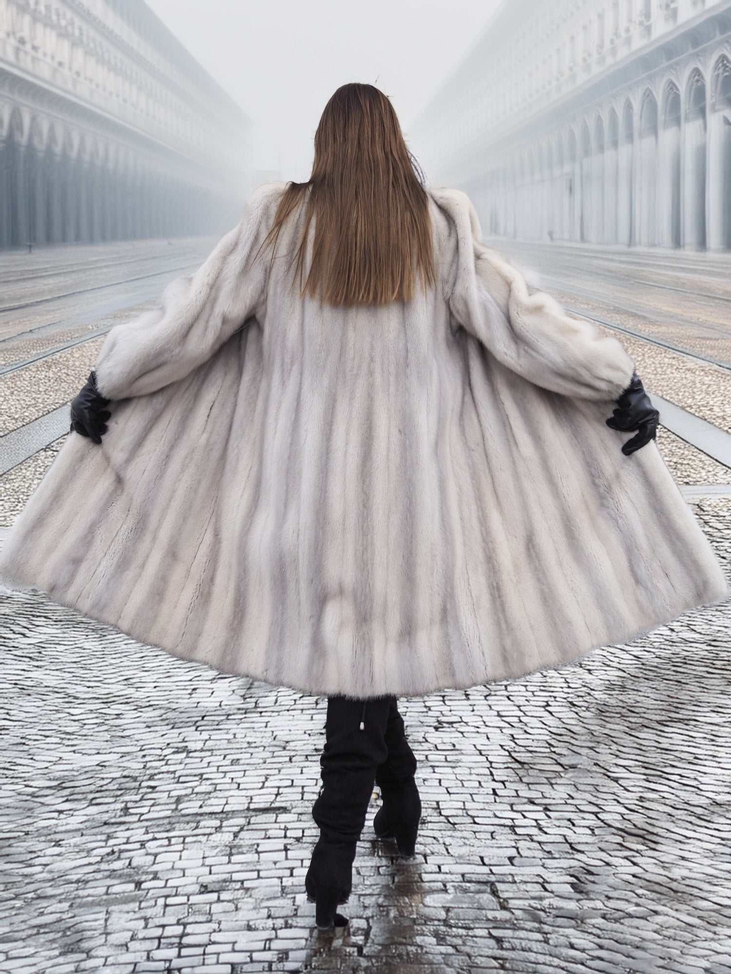 Back view of Sapphire Grey Mink Fur Coat S Petit Excellent spread wide, showcasing its voluminous design and natural fur texture.