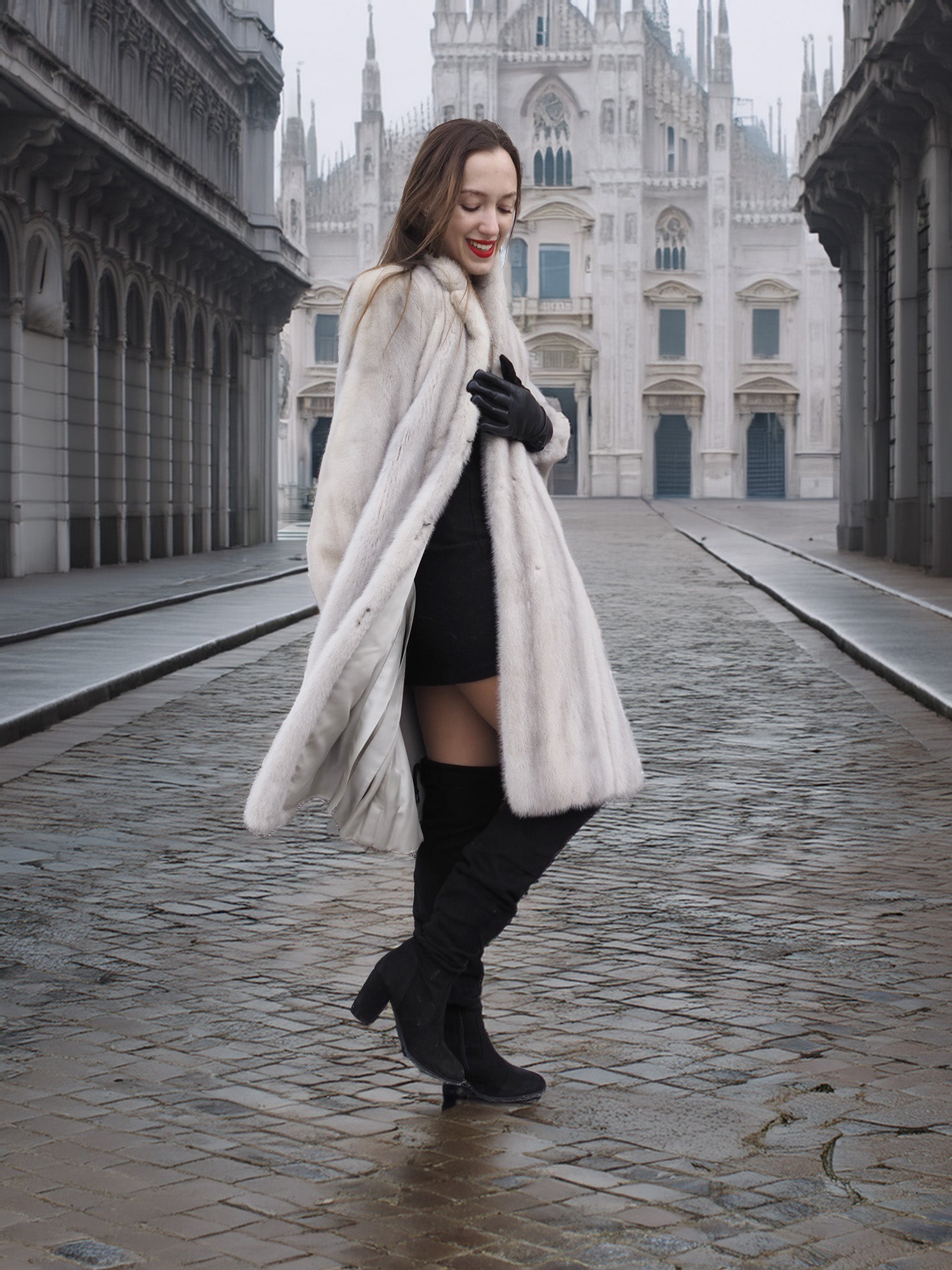Model smiles in Sapphire Grey Mink Fur Coat S Petit Excellent with iconic cathedral in background, blending fashion and heritage.