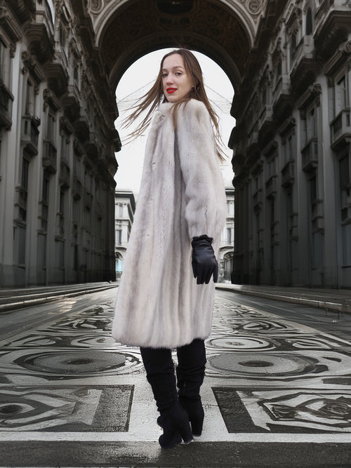 Sapphire Grey Mink Fur Coat S Petit Excellent styled under an ornate archway, highlighting its timeless elegance and premium quality.