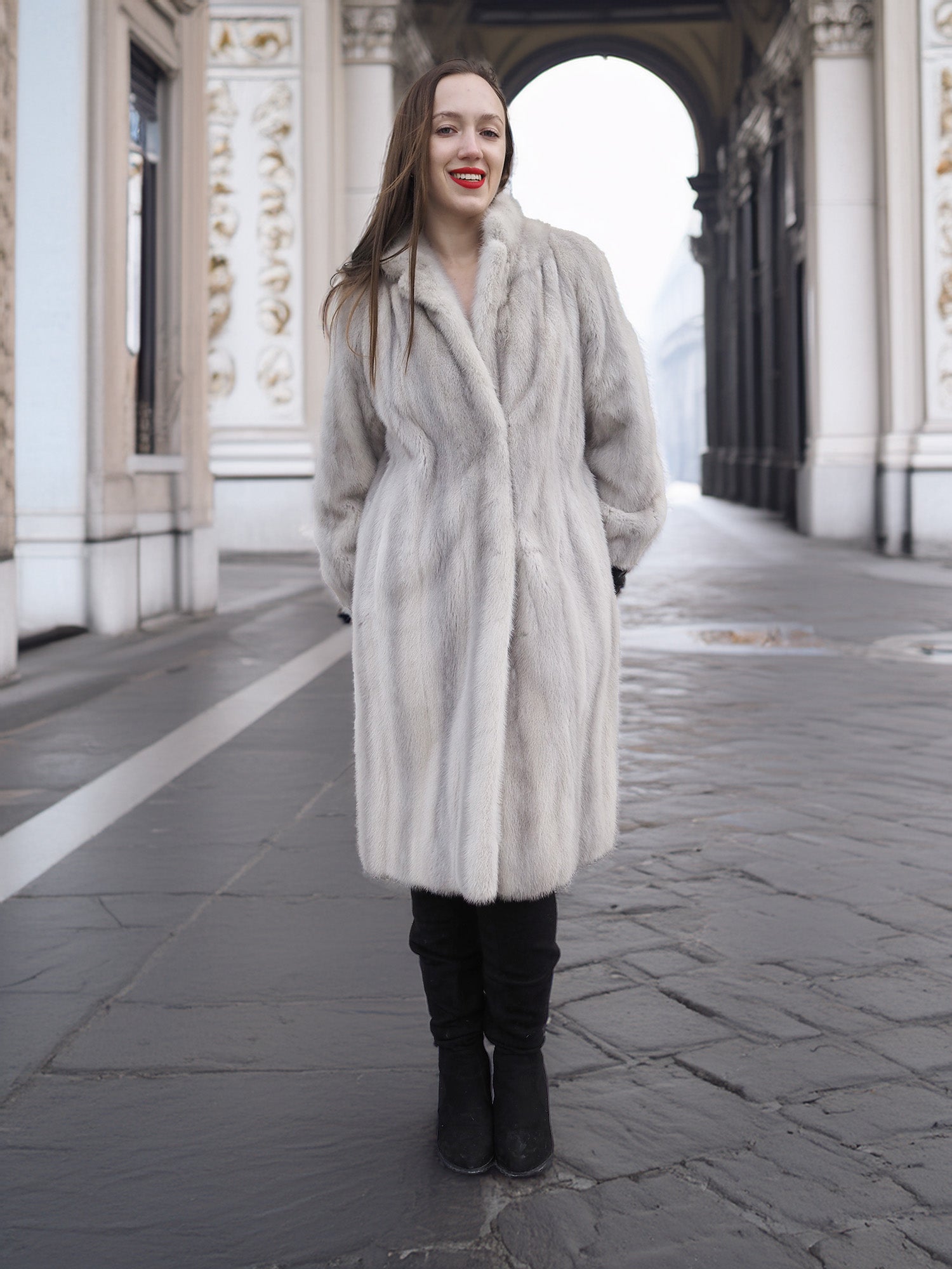 Front view of Sapphire Grey Mink Fur Coat S Petit Excellent, styled with black boots for a chic winter outerwear look.