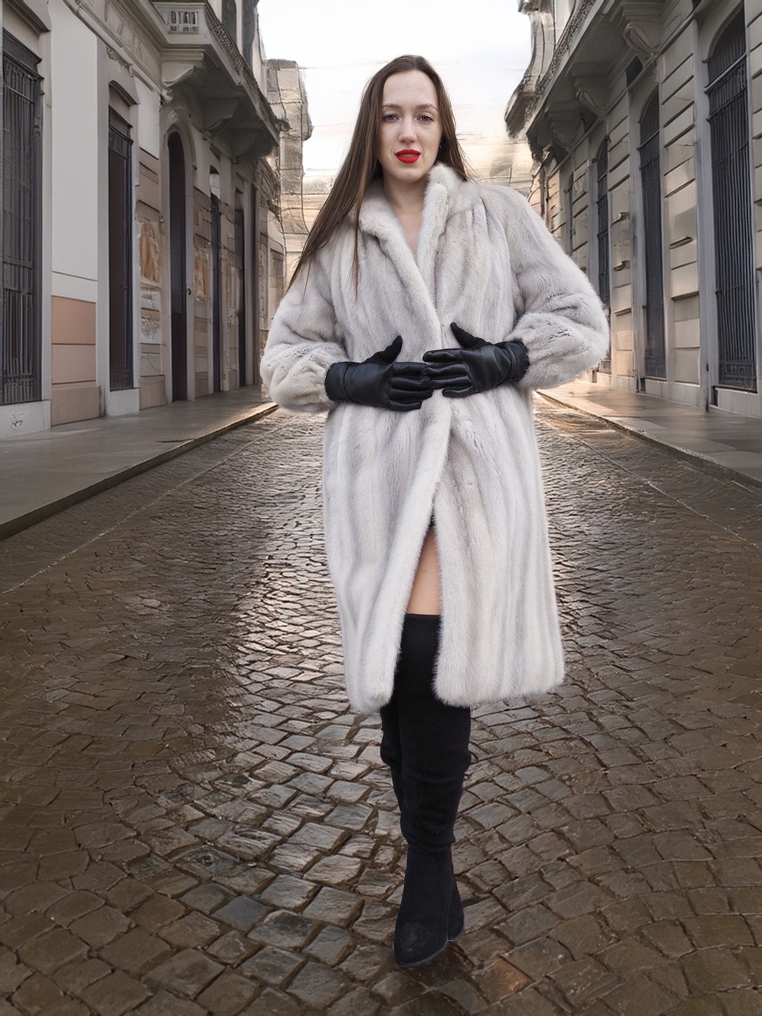 Sapphire Grey Mink Fur Coat S Petit Excellent styled in golden hour lighting, perfect for luxury fur outerwear fashion statements.