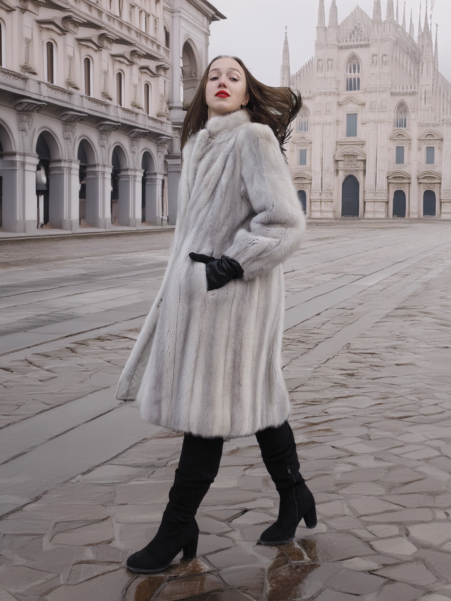 Sapphire Grey Mink Fur Coat S Petit Excellent in motion, highlighting its natural fur flow and timeless luxury appeal.