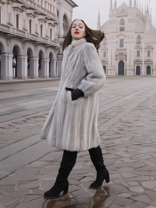Sapphire Grey Mink Fur Coat S Petit Excellent in motion, highlighting its natural fur flow and timeless luxury appeal.
