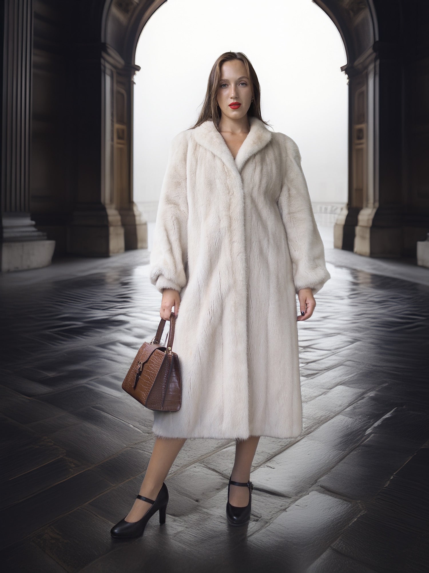 Woman in a long white fur coat standing in an elegant hallway.