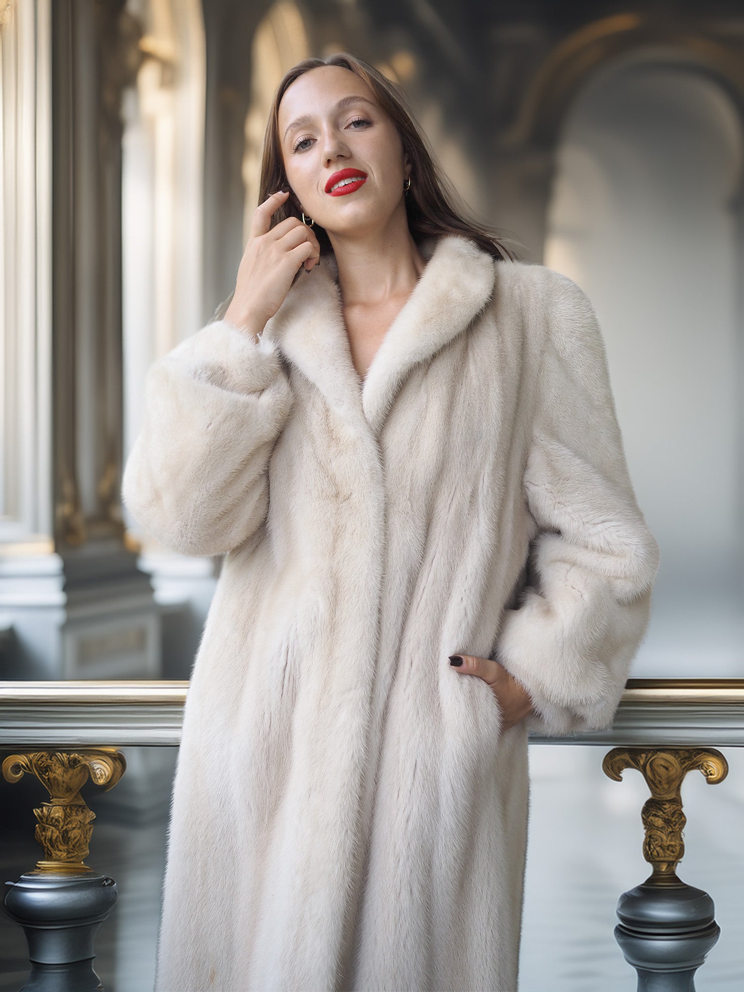 Woman wearing a white fur coat in an elegant interior setting