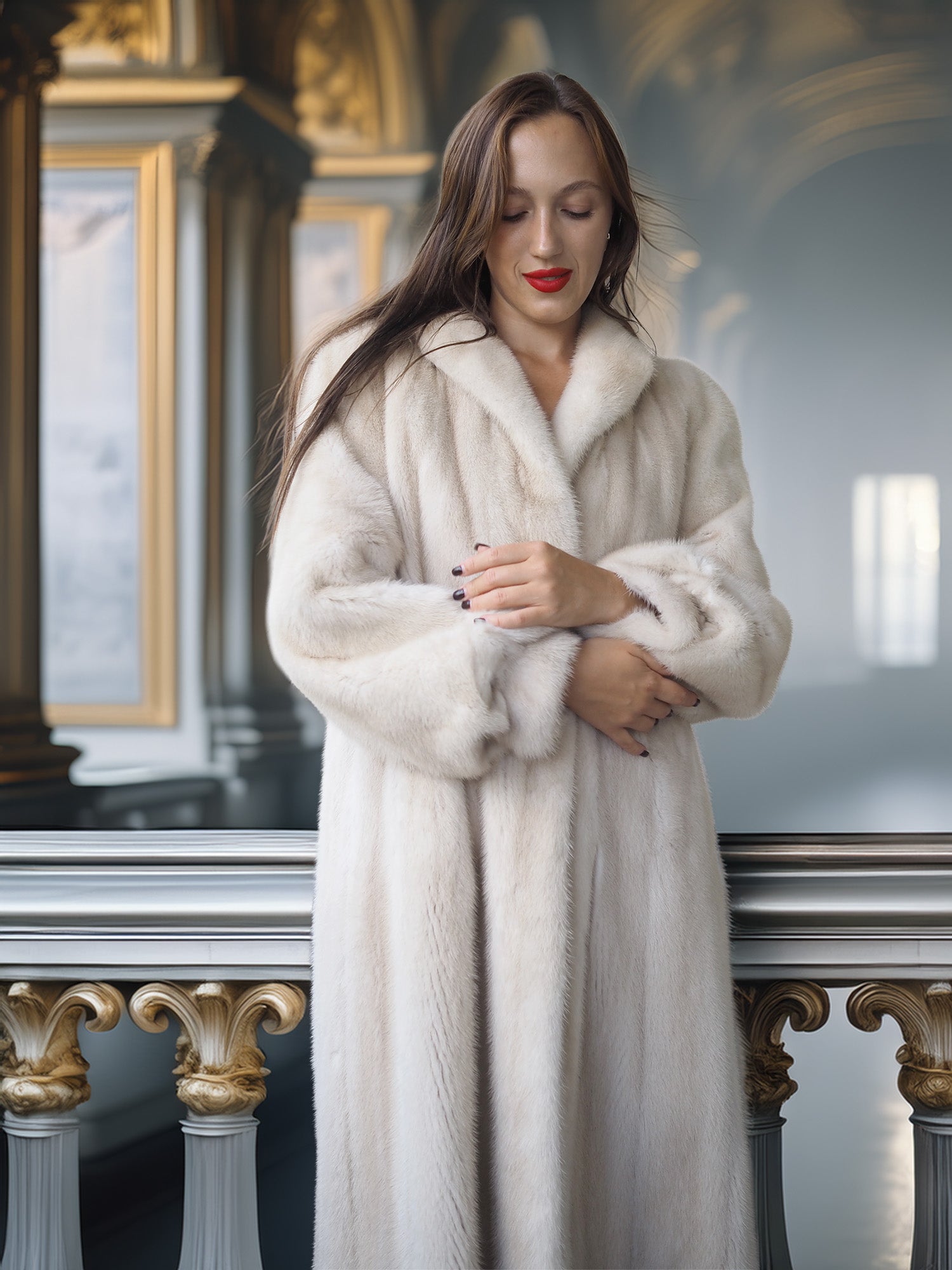 Woman wearing a long white fur coat in an elegant interior setting.