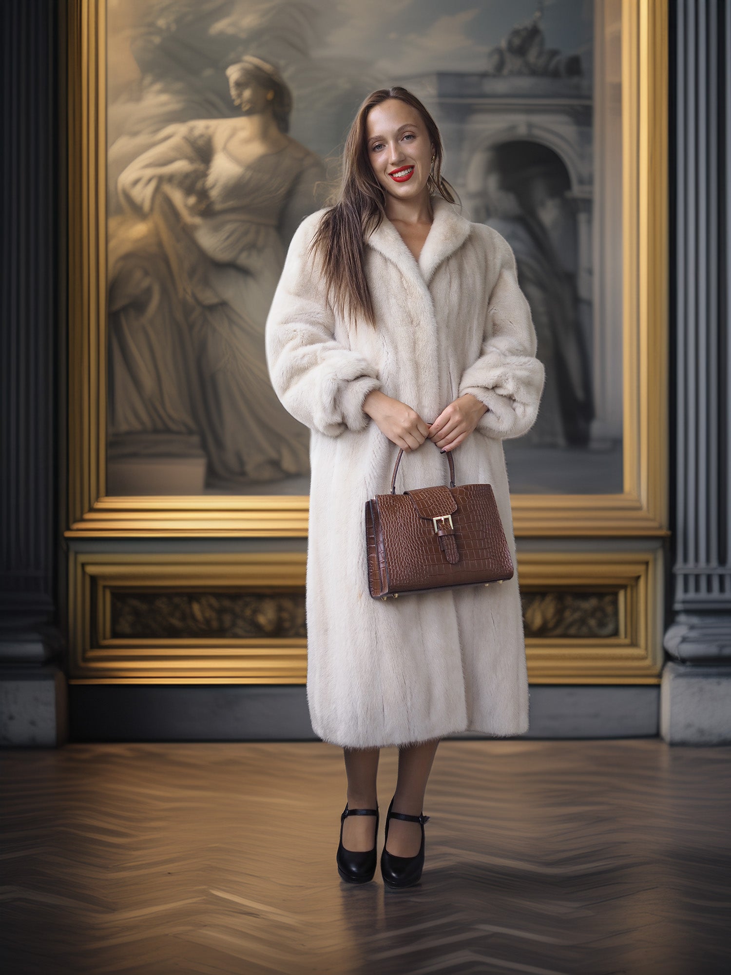 Woman in a white fur coat holding a brown handbag in front of a classical painting.