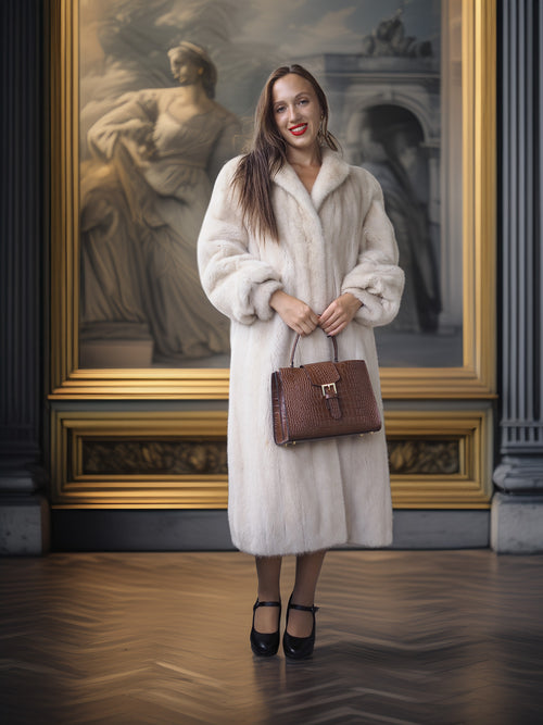Woman in a white fur coat holding a brown handbag in front of a classical painting.