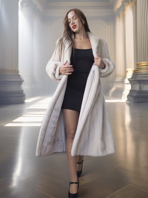 Woman in a long white coat and black dress standing in a grand hall with columns.