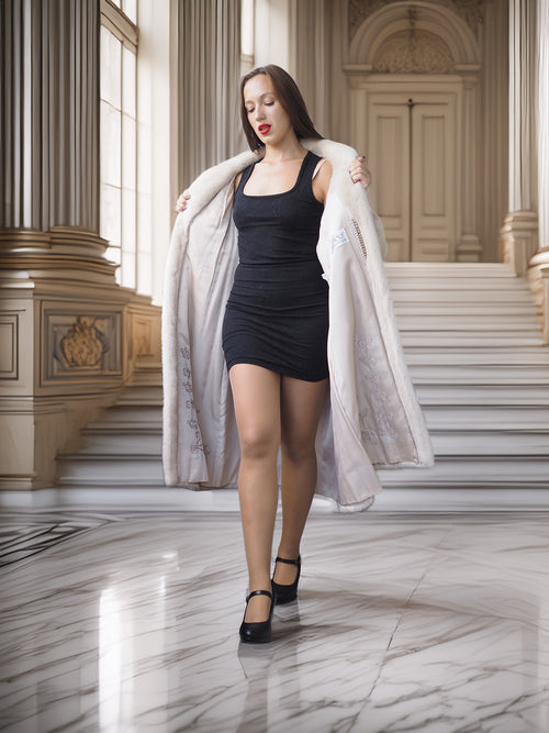 Woman in a black dress and beige coat standing in an elegant interior setting