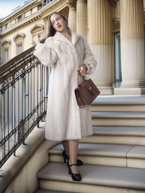 Woman in a white fur coat standing on steps with a brown handbag