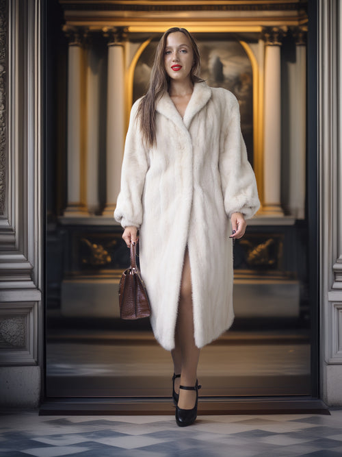 Woman wearing a long white fur coat in an elegant interior setting