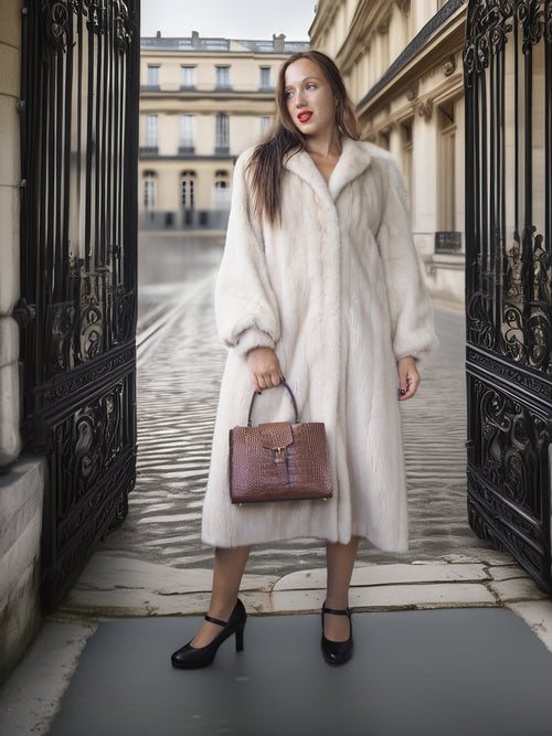 Woman in a long white fur coat holding a brown handbag, standing in front of ornate black gates.