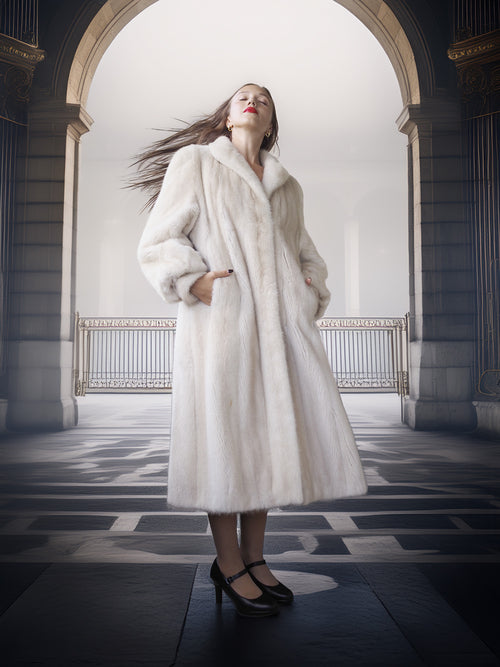 Woman wearing a white fur coat in an elegant interior setting