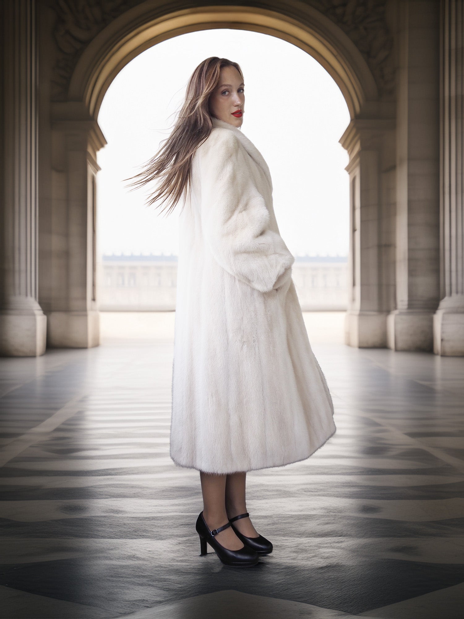 Woman in a white coat standing in a grand hall with columns