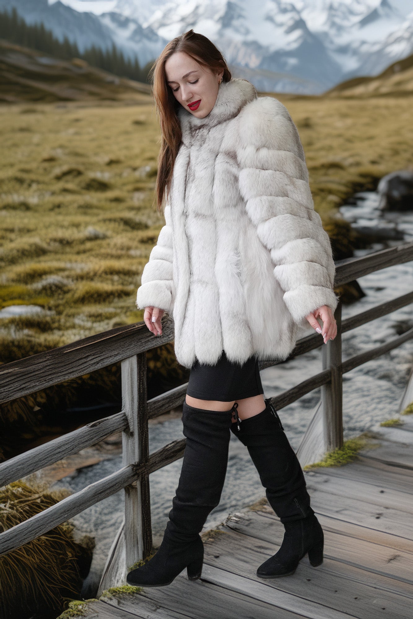 A woman wearing a voluminous white fur coat, black skirt, and black over-the-knee boots stands on a wooden boardwalk in a mountain meadow landscape.