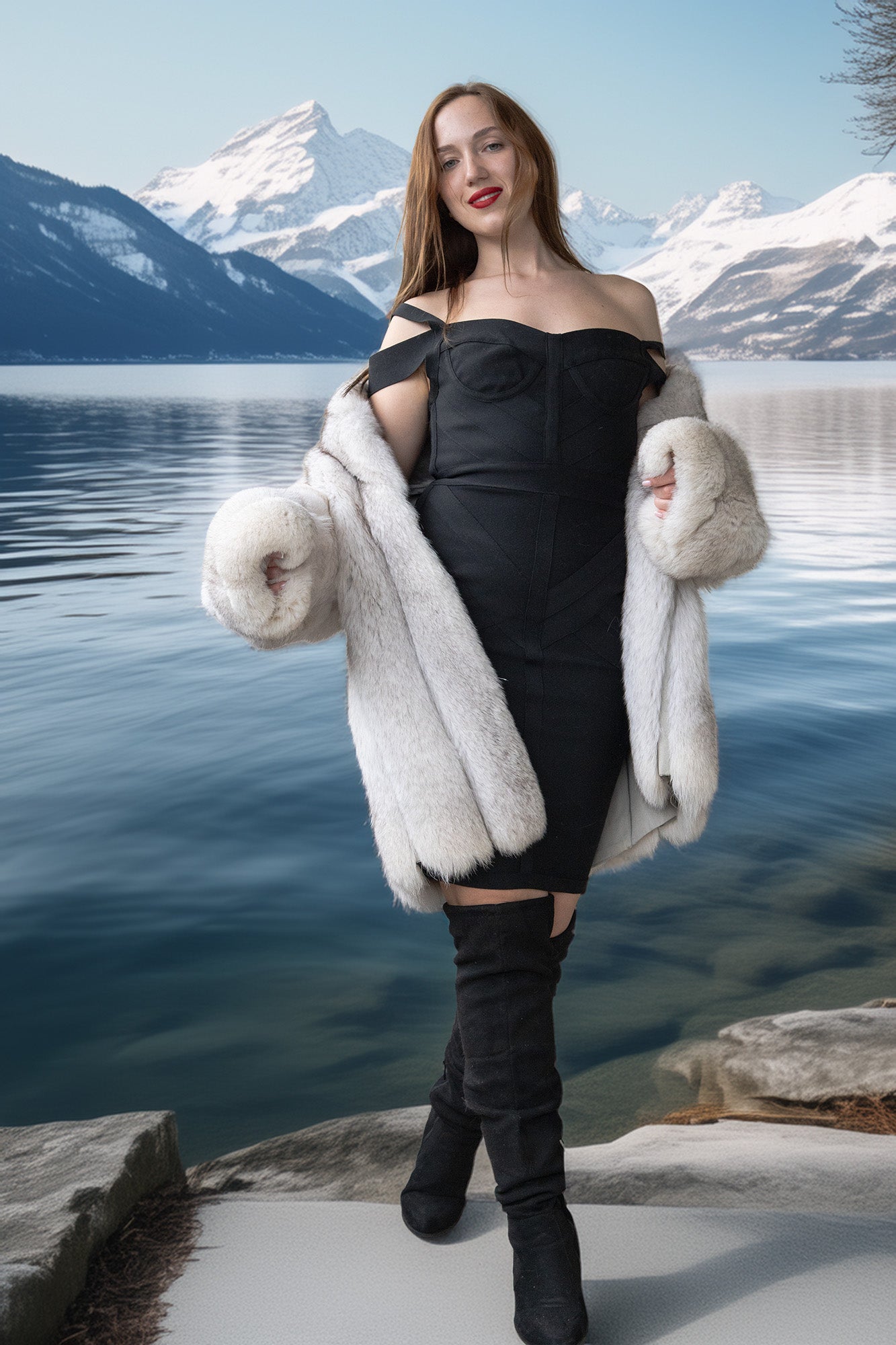 A woman stands by a lake with snow-capped mountains in the background, wearing a black off-the-shoulder mini dress, a white fur coat draped over her shoulders, and black over-the-knee boots.
