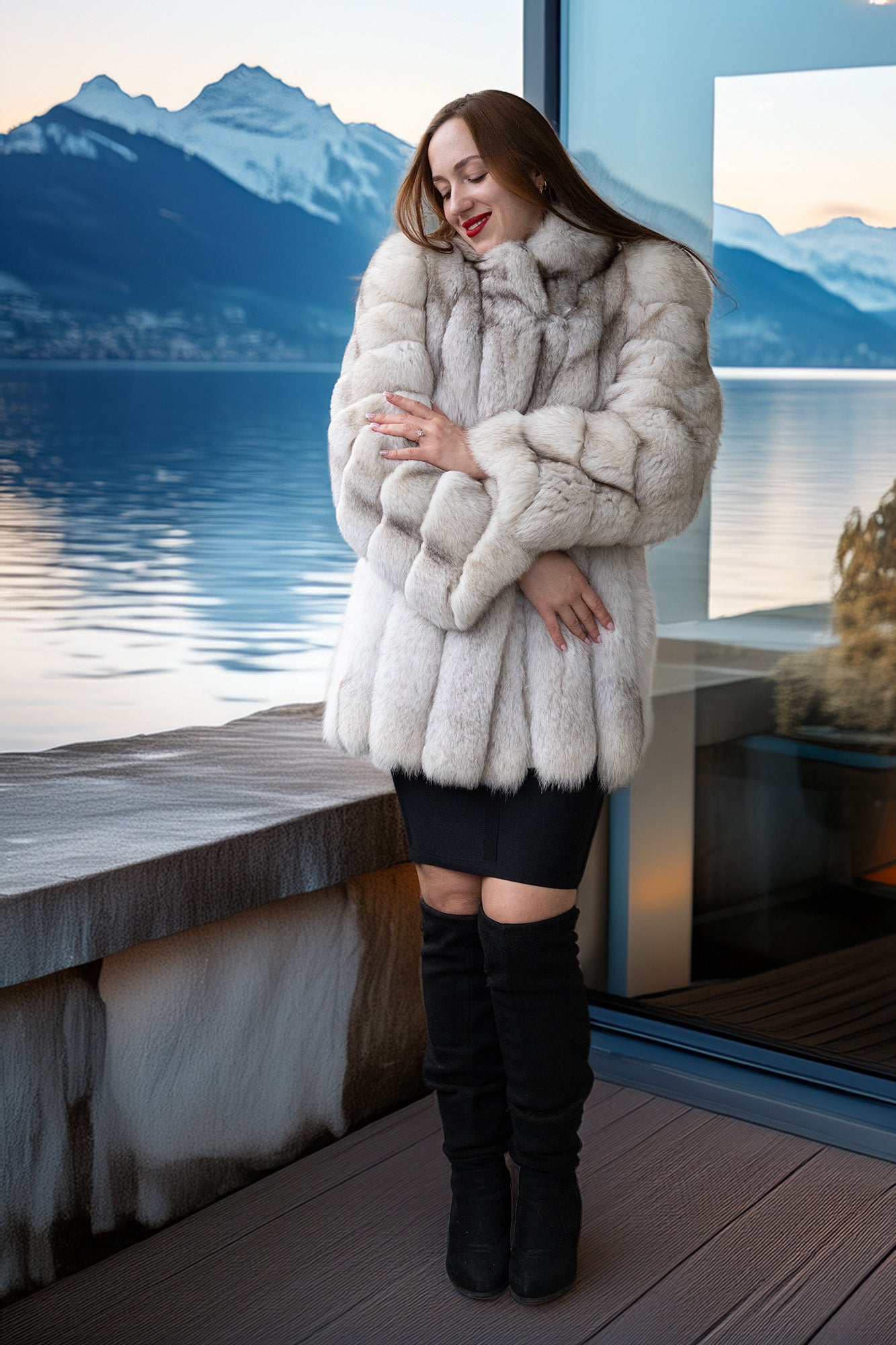 A woman wearing a voluminous light beige fur coat, black mini skirt, and black over-the-knee boots, standing on a wooden deck with a scenic mountain and lake background.