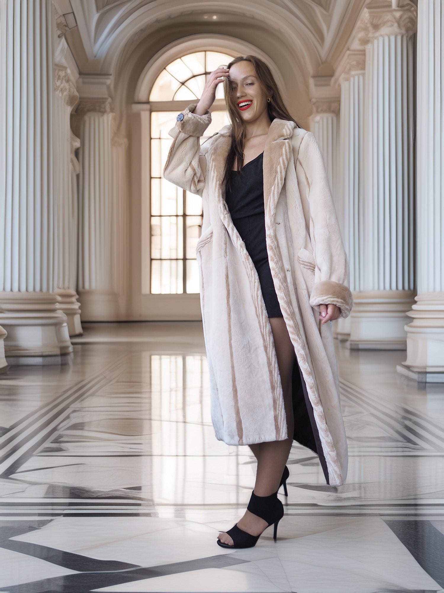 Via Veneto – Cream Sheared Beaver Fur Coat, Couture Finish