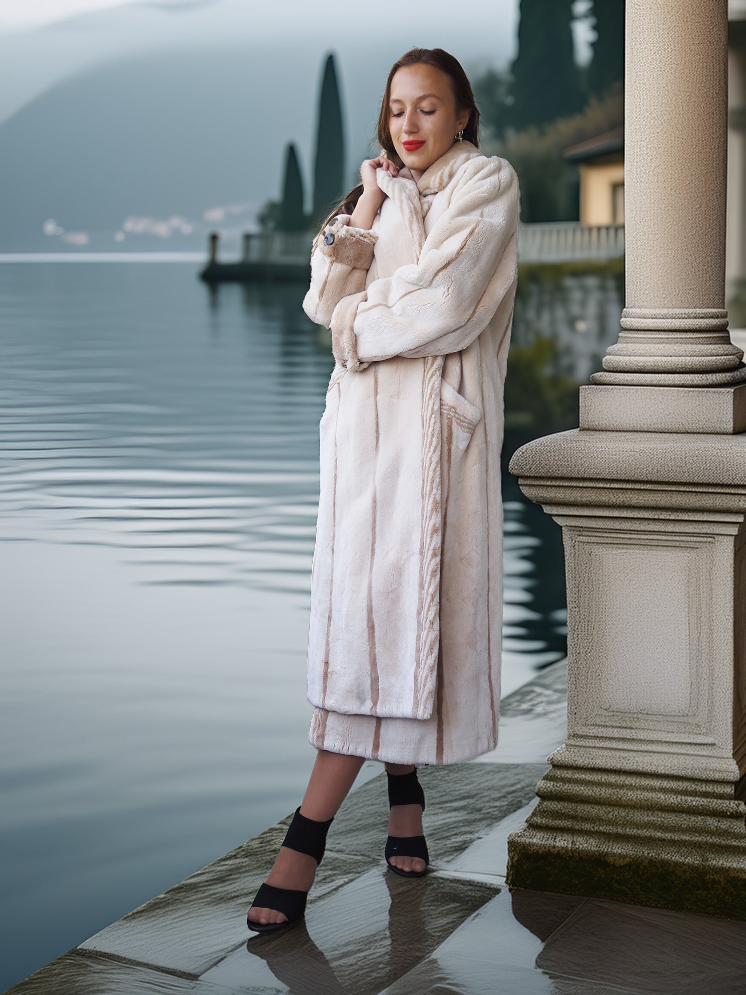 Via Veneto – Cream Sheared Beaver Fur Coat, Couture Finish