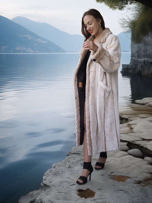 Via Veneto – Cream Sheared Beaver Fur Coat, Couture Finish