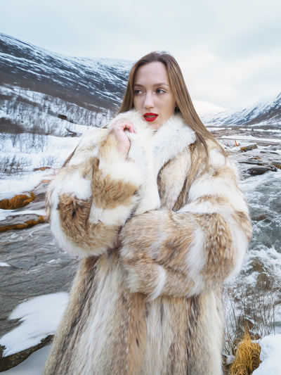 Luxurious coyote fur coat with white fox trim in winter