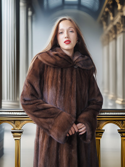 Woman wearing a brown fur coat in an elegant interior setting