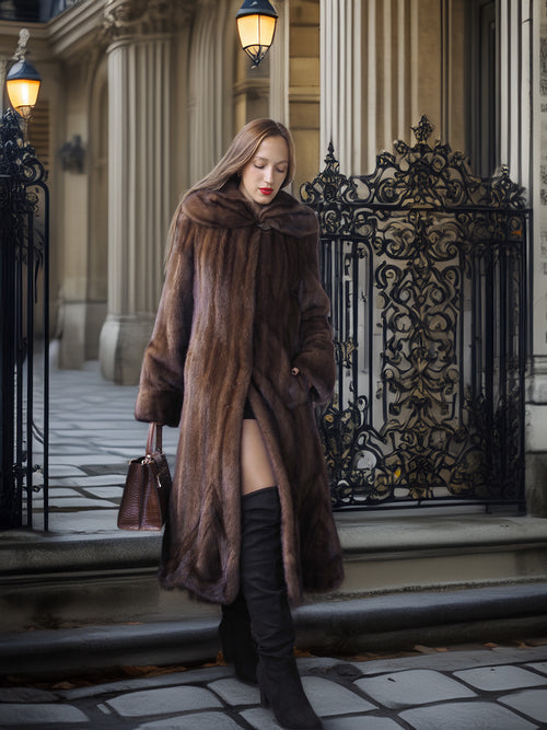 Woman in a fur coat standing in front of an ornate gate.