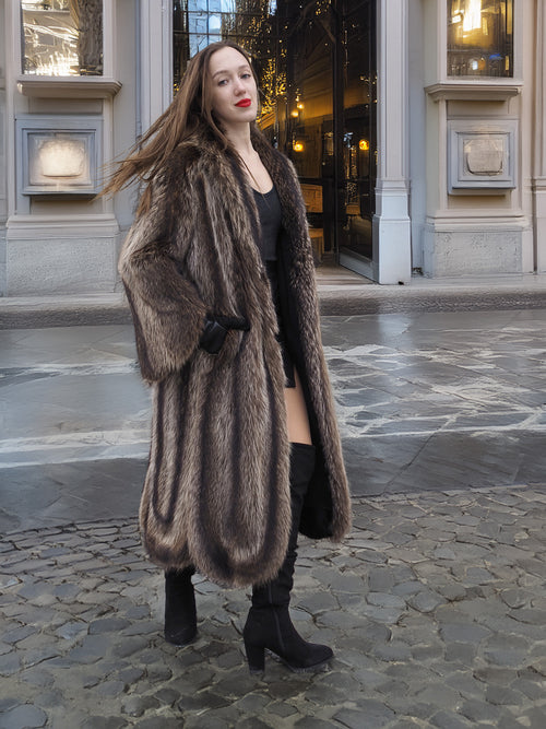 Canadian Raccoon Fur Coat with silver tips in size M, featuring a scalloped hem design, styled with black boots for elegant winter fashion.