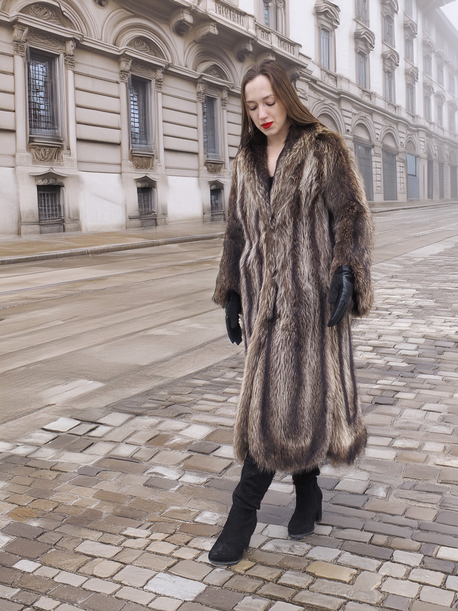 Walking in Canadian Raccoon Fur Coat with silver tips, full-length natural fur outerwear ideal for elegant winter style.