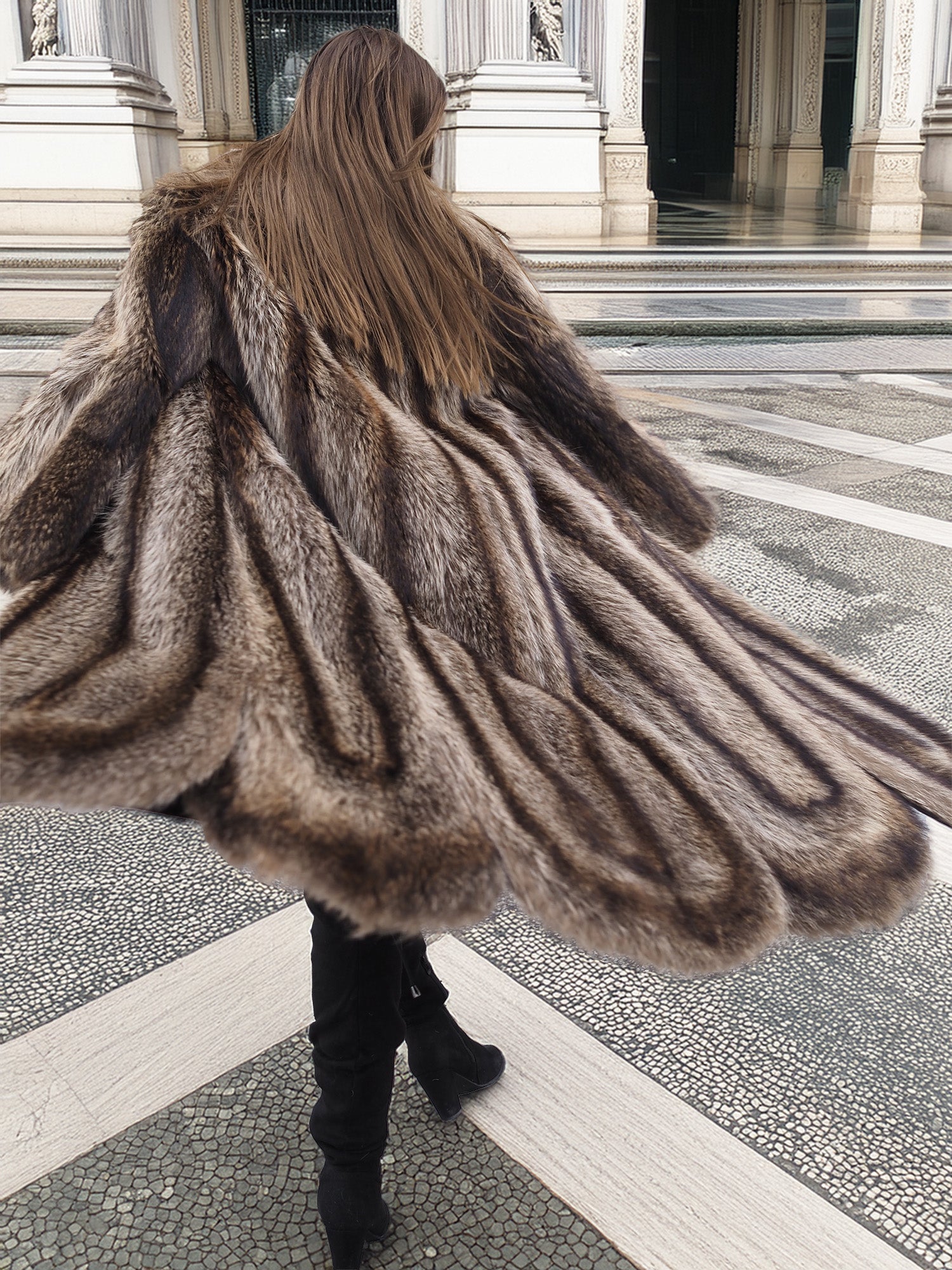 Back twirl of Canadian Raccoon Fur Coat in silver tips, highlighting scalloped hem and full fur movement for luxury fashion.