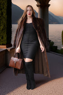 Rich brown demi mink coat with open front, wide collar, side pockets