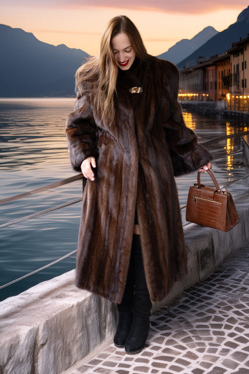 Demi buff mink coat, rich brown tone, belted look and front button detail