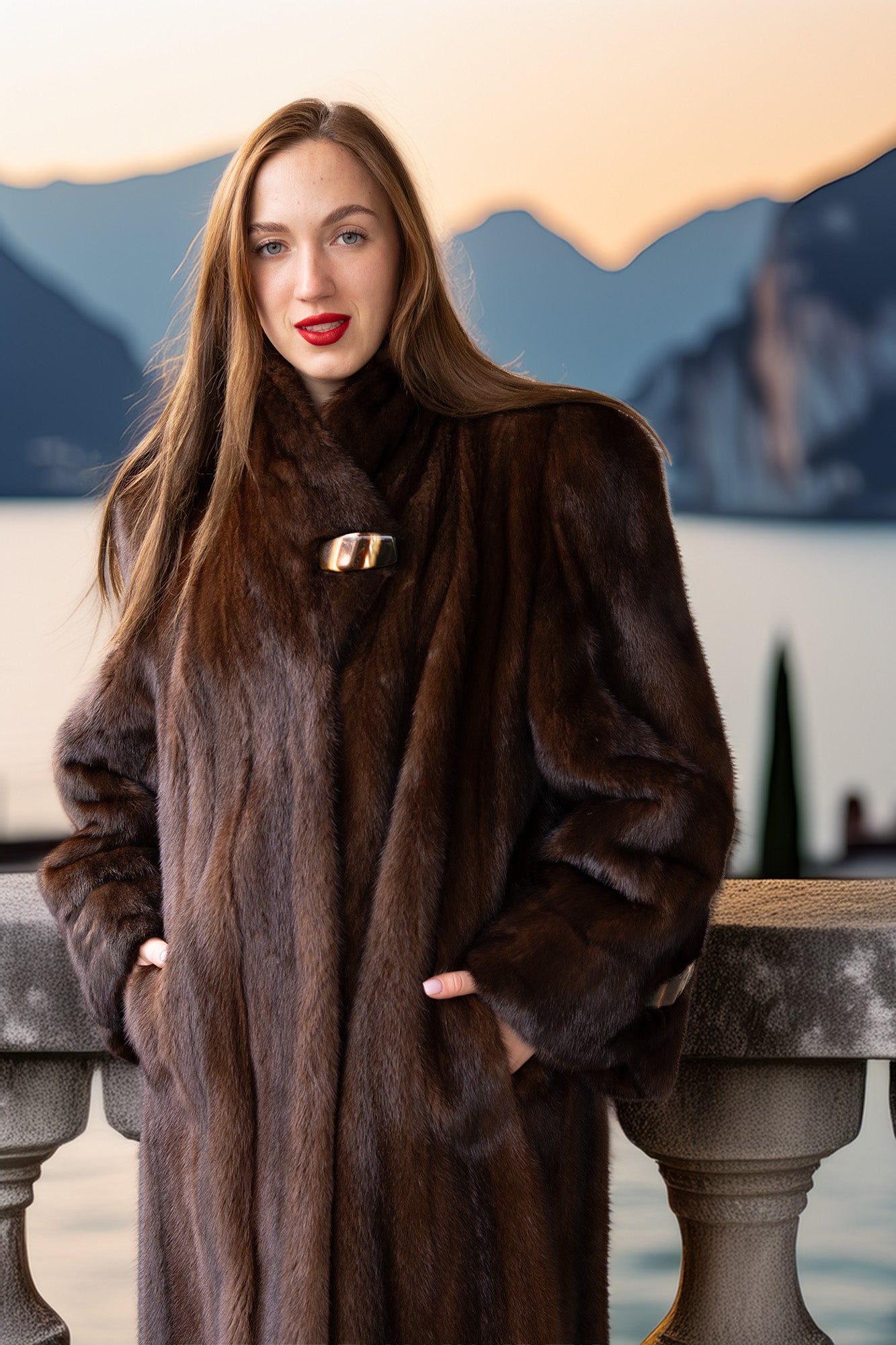 Canadian mink coat in rich brown with high collar and plush fur texture