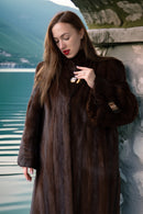 Rich brown mink coat with plush shoulder detail and high neckline at the collar