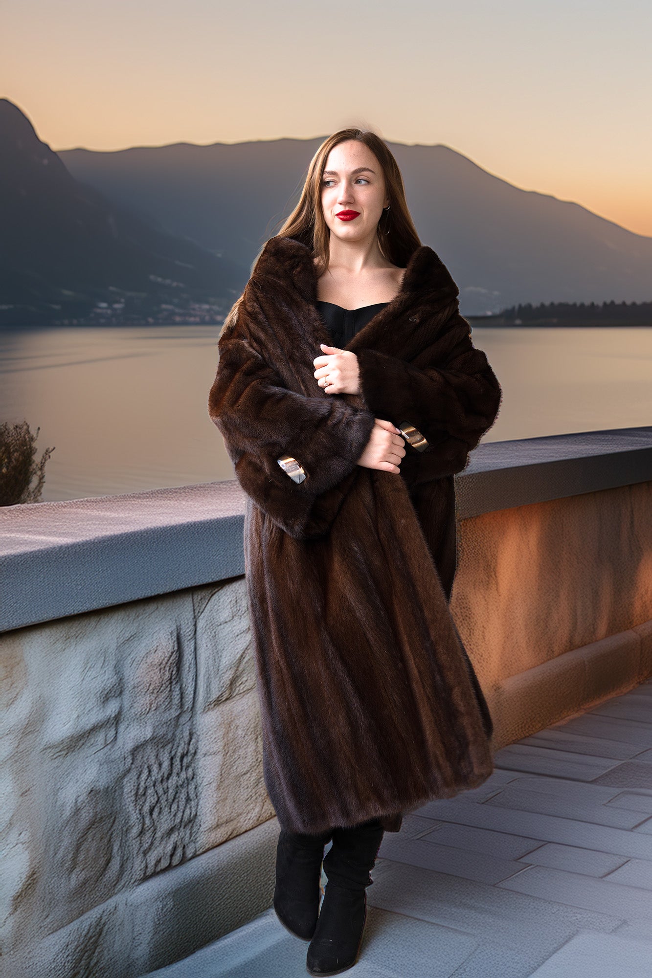 Demi-mink coat in rich brown tone with wide collar, long hem and cuff buttons