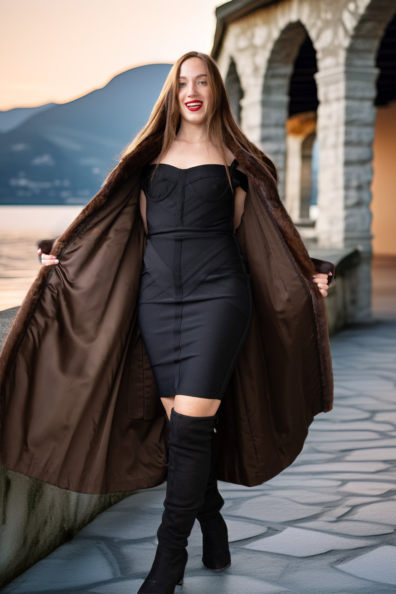 Rich brown mink coat with draped open front and wide fur collar