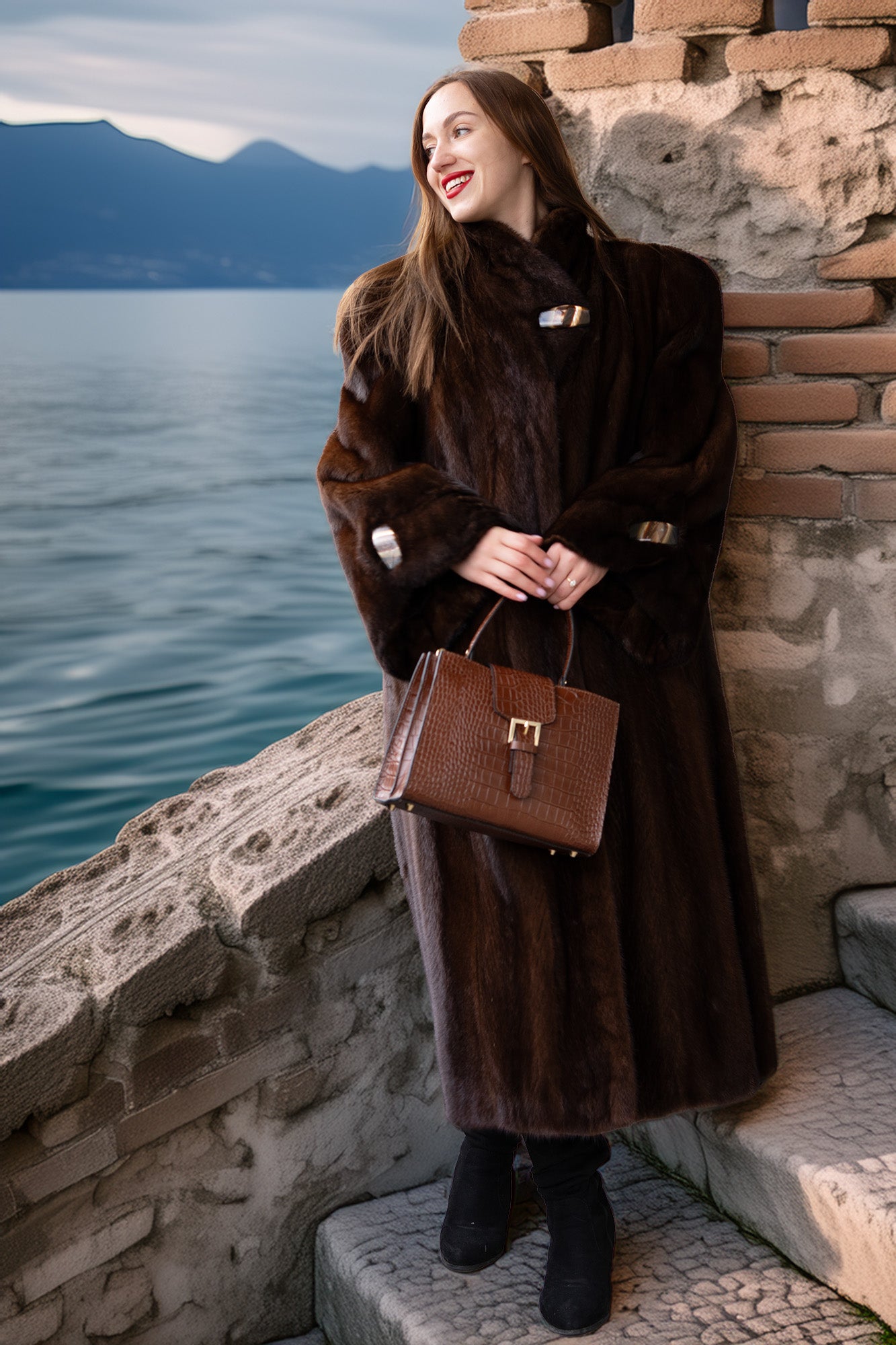 Long rich brown mink coat with front closure and structured sleeves