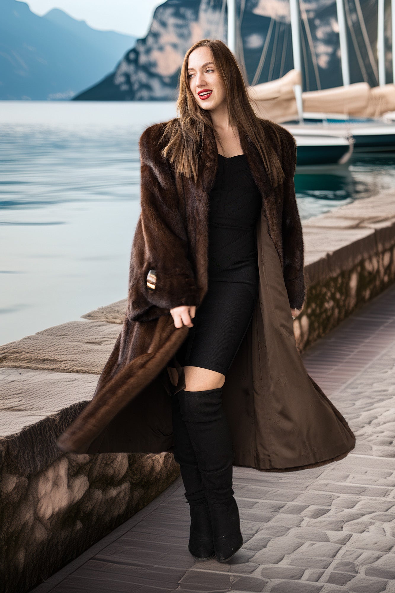 Rich brown mink coat draping over arms, belted waist and oversized collar detail