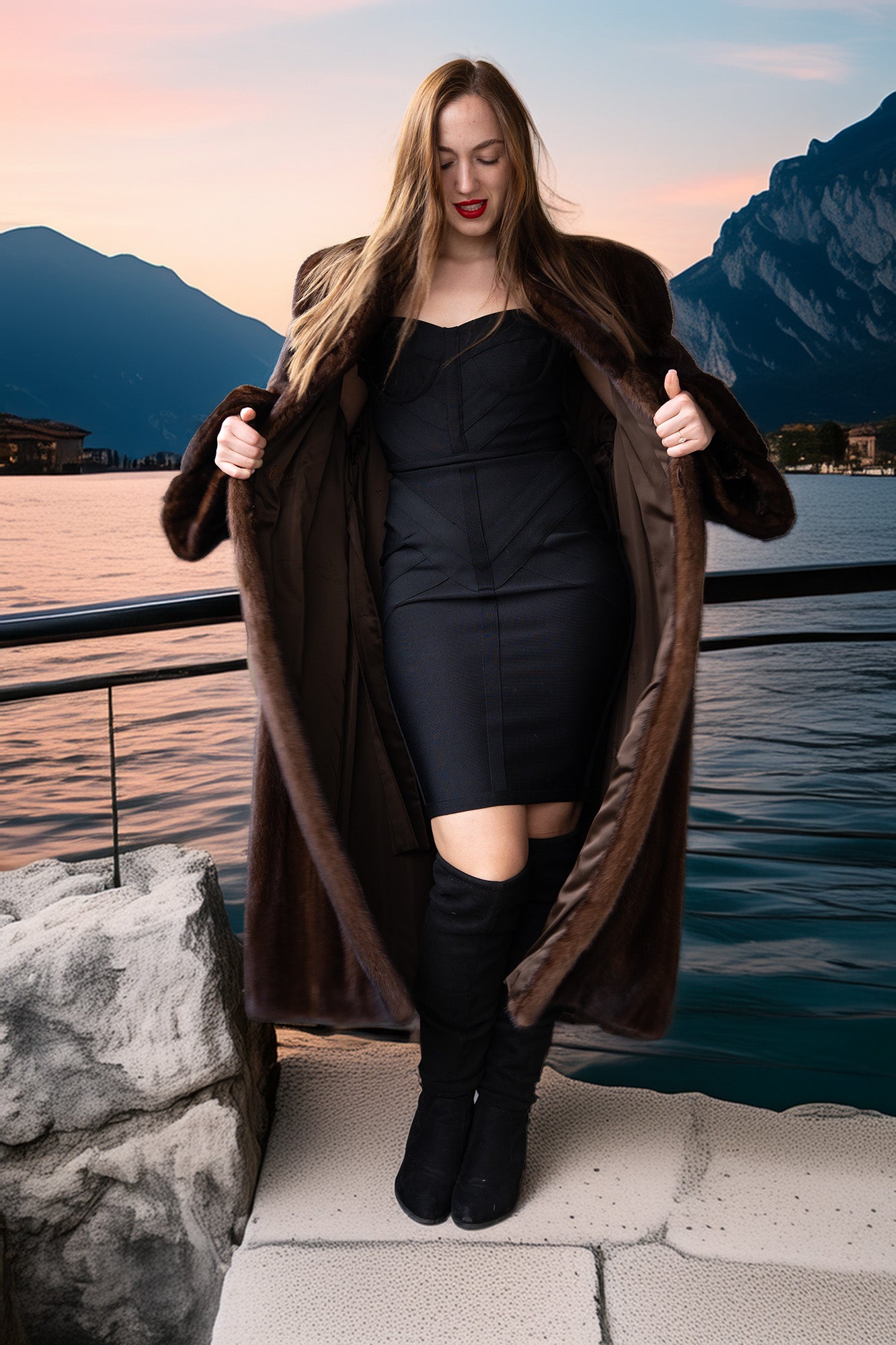 Demi mink coat in rich brown, open front showing fitted lining and high collar