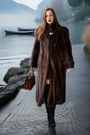 Long rich brown mink coat, open front with belt, structured shoulders and deep cuffs