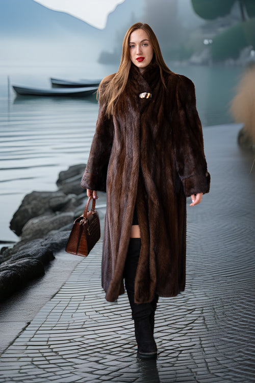 Long rich brown mink coat, open front with belt, structured shoulders and deep cuffs