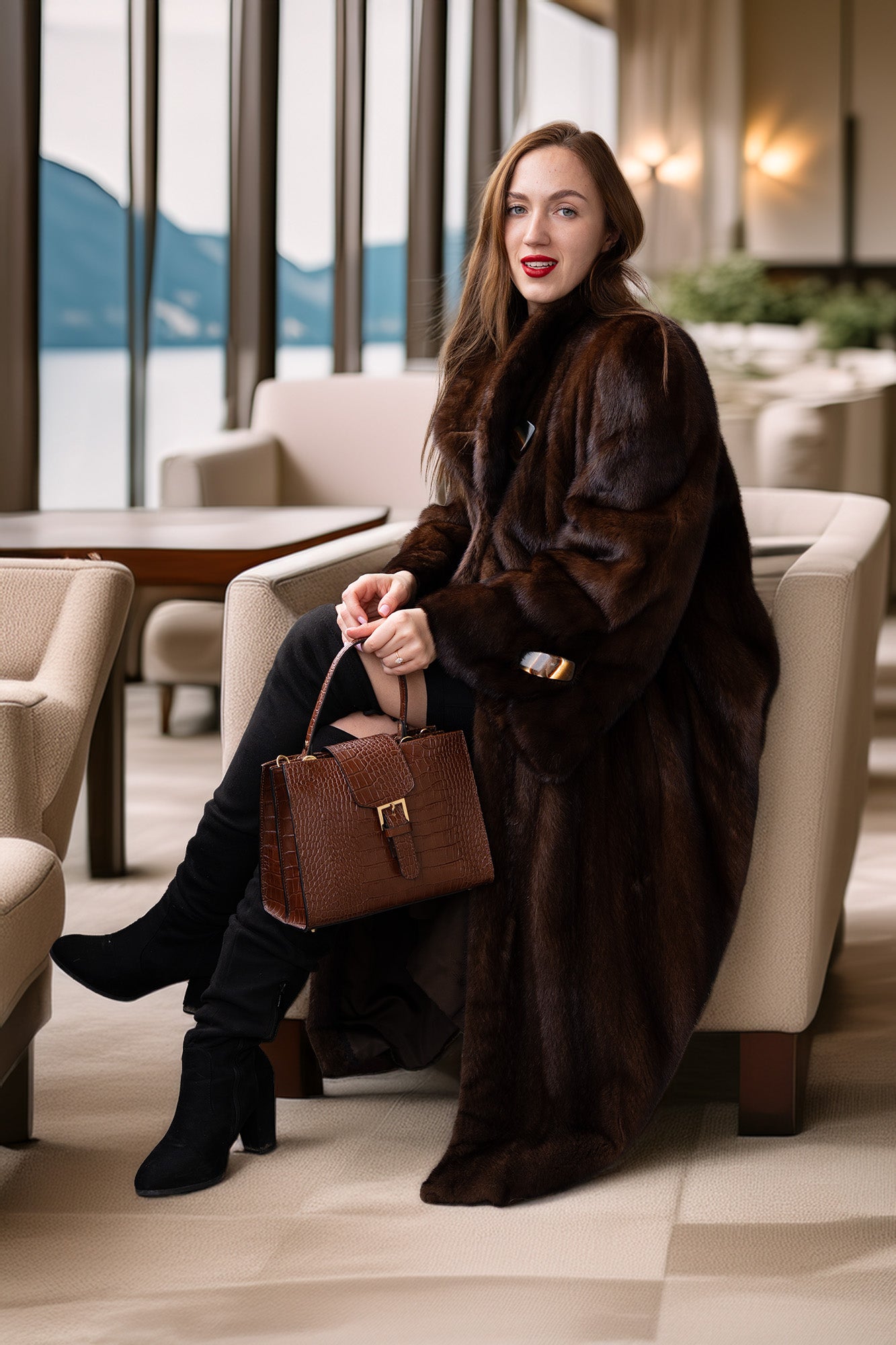Rich brown mink coat with belted waist, long length, and front clasp near the chest