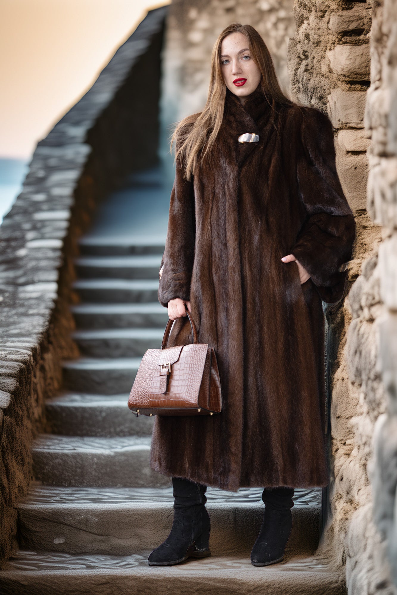 The Veil of Garda mink coat in rich brown, hooded collar and long sleeves