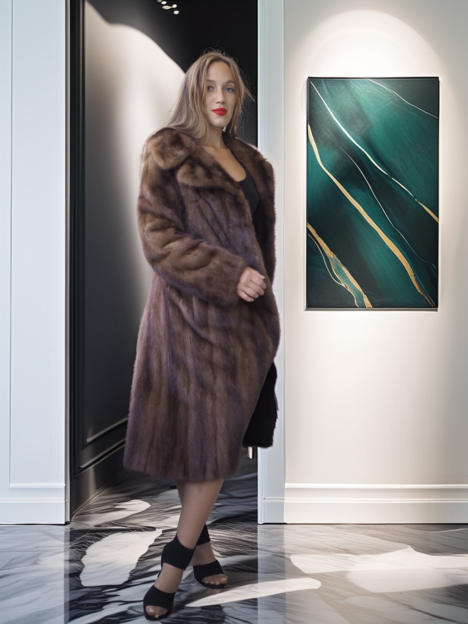 Woman in a fur coat standing in a stylish interior setting with a painting on the wall.