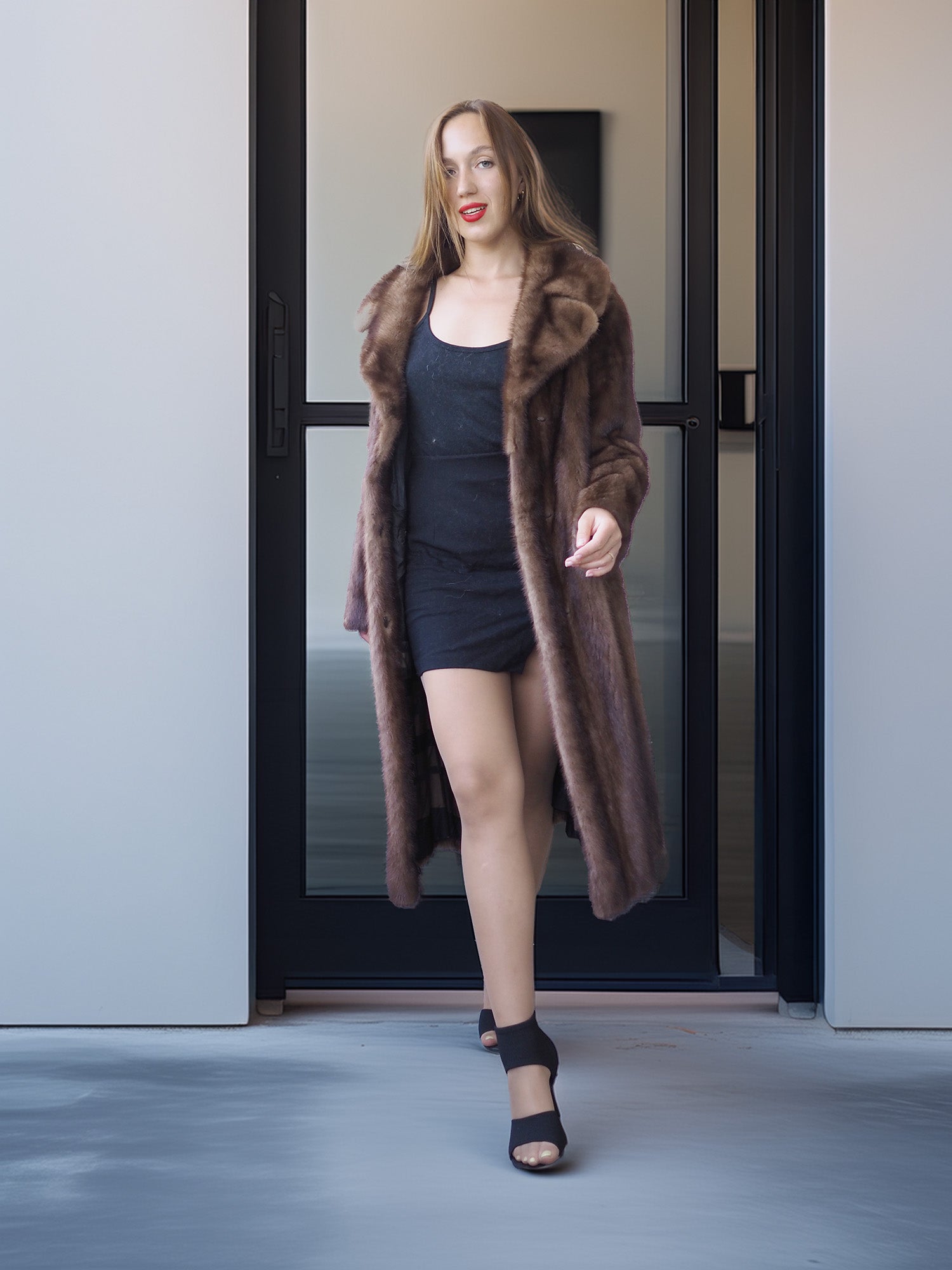 Woman wearing a long brown fur coat standing in front of a glass door.