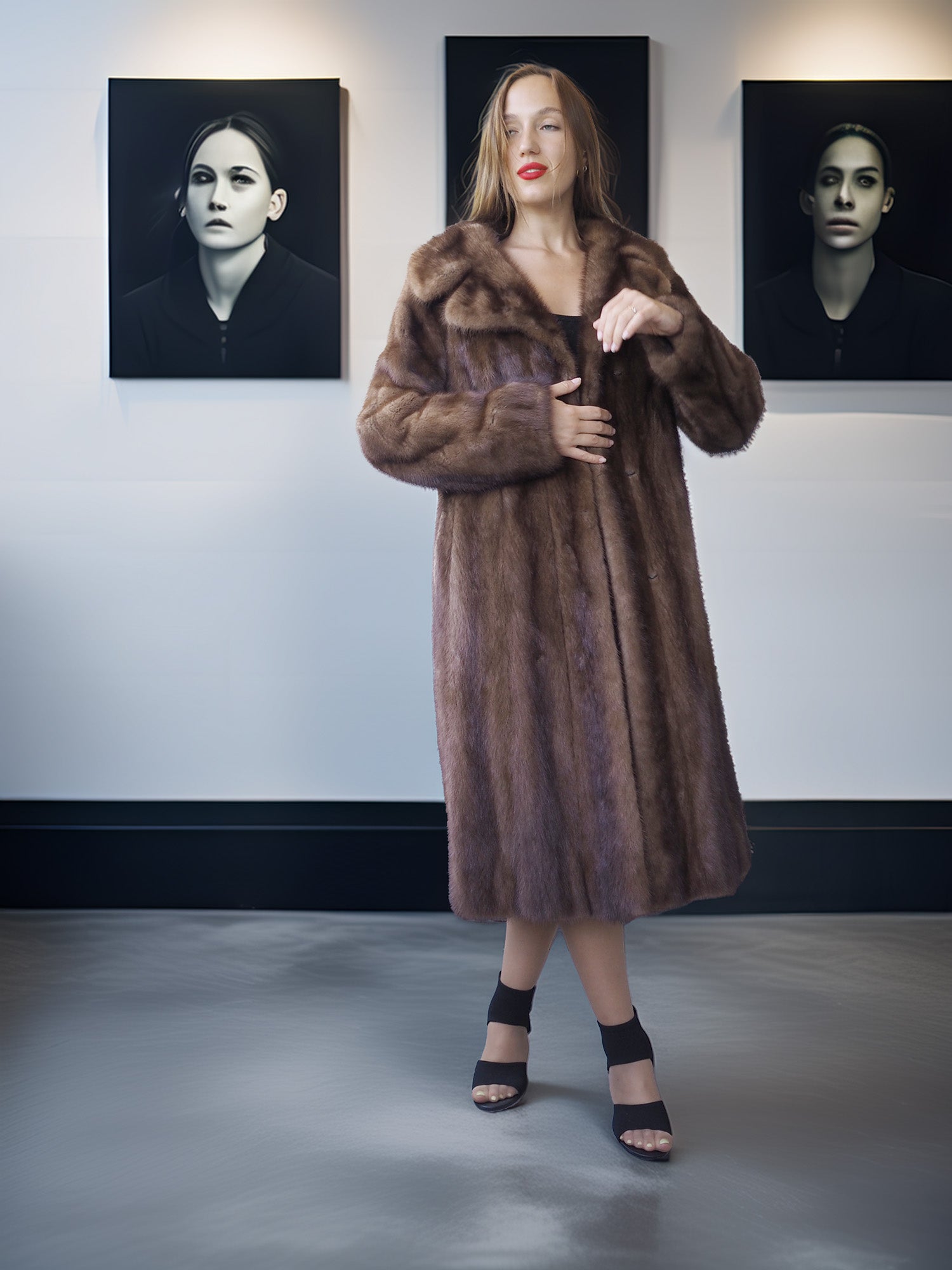 Woman wearing a fur coat standing in front of three portraits on a wall.