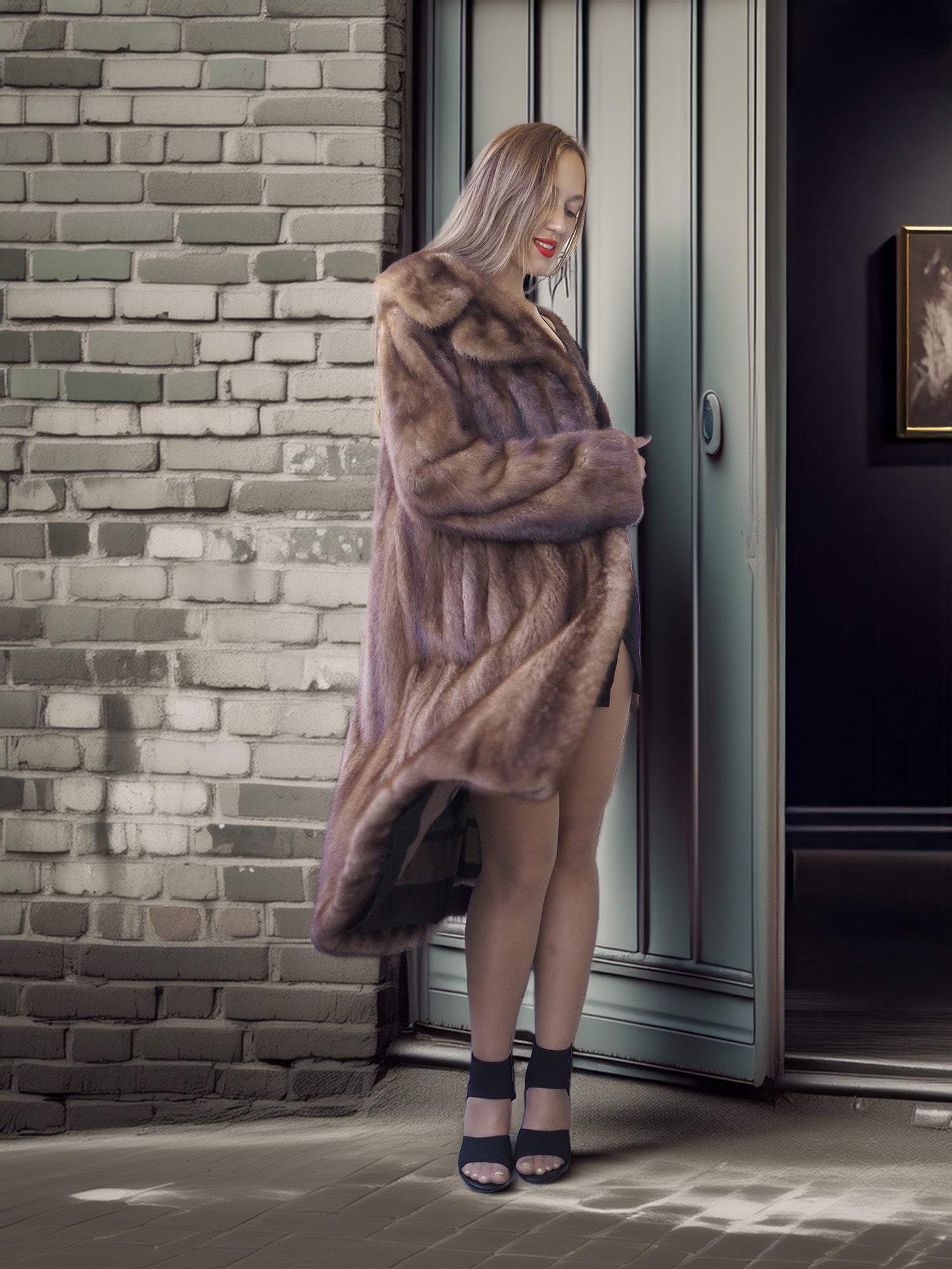 Woman wearing a fur coat standing against a brick wall.