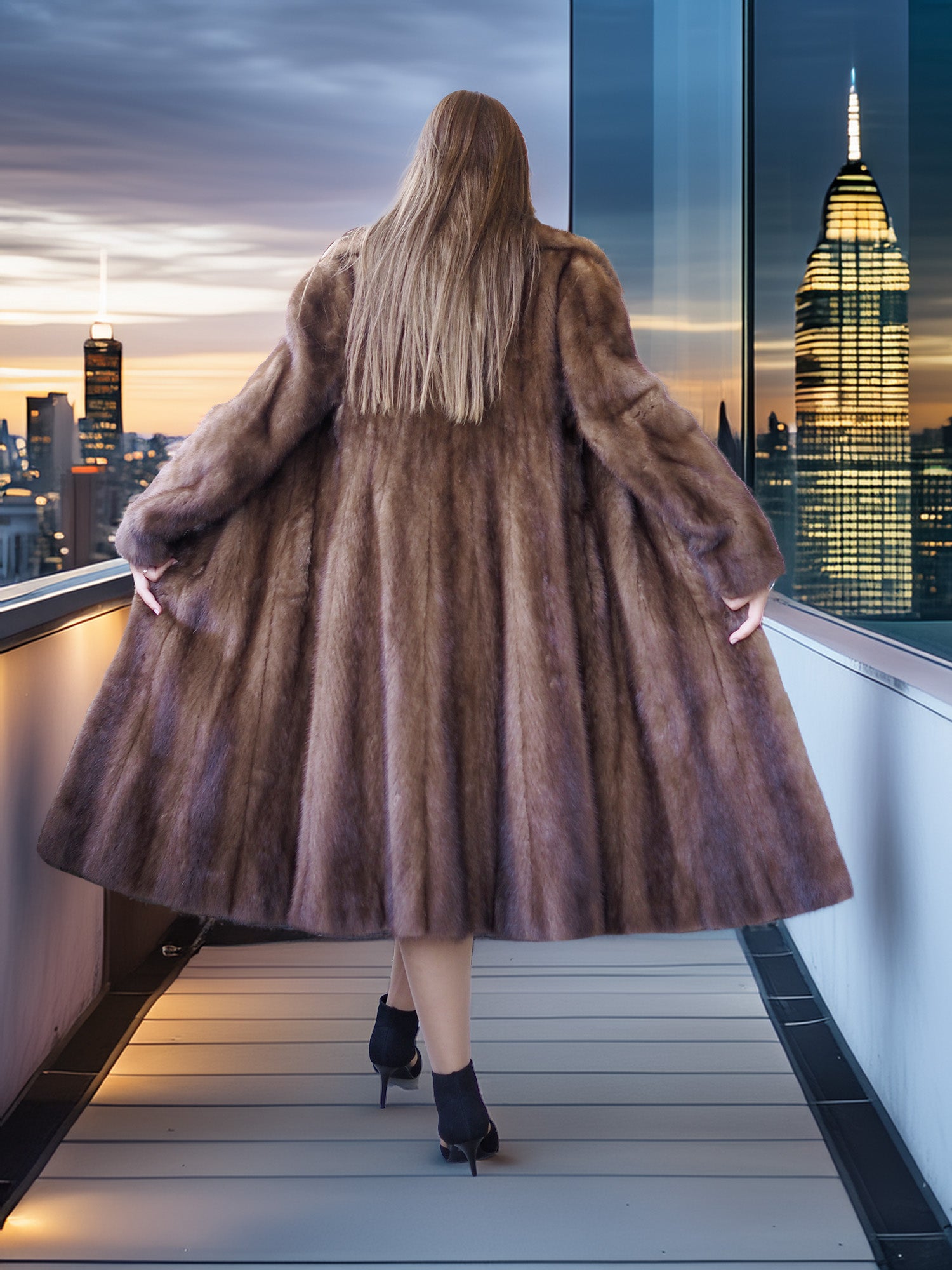 Person wearing a fur coat standing on a rooftop with a cityscape view