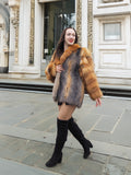 Luxurious gray fox fur coat with red fox shawl collar and sleeves. A perfect blend of warmth and high-end fashion for winter elegance.